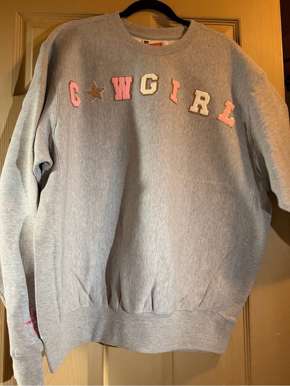 HANDMADE Design NWT Cowgirl Embroidered Crewneck - Light Gray with Pink Accents
